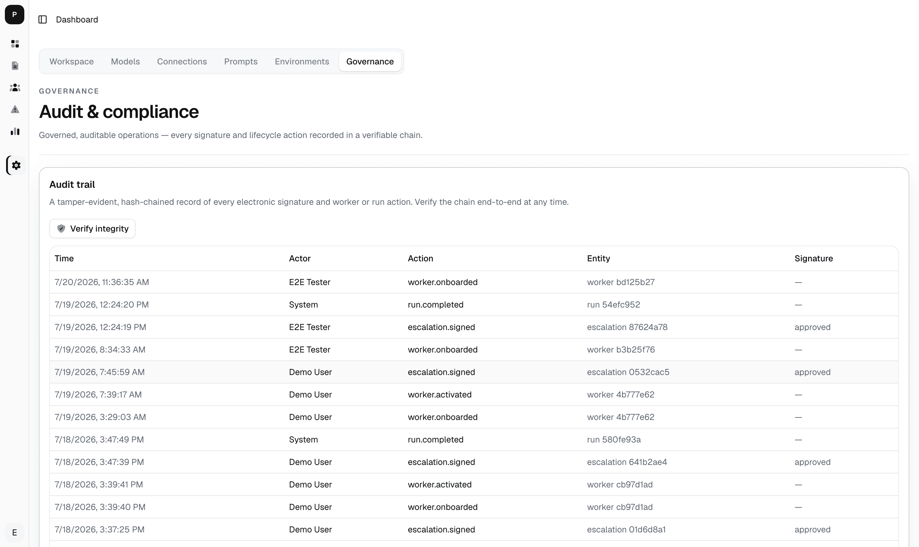 StackProc tamper-evident audit chain for a governed run